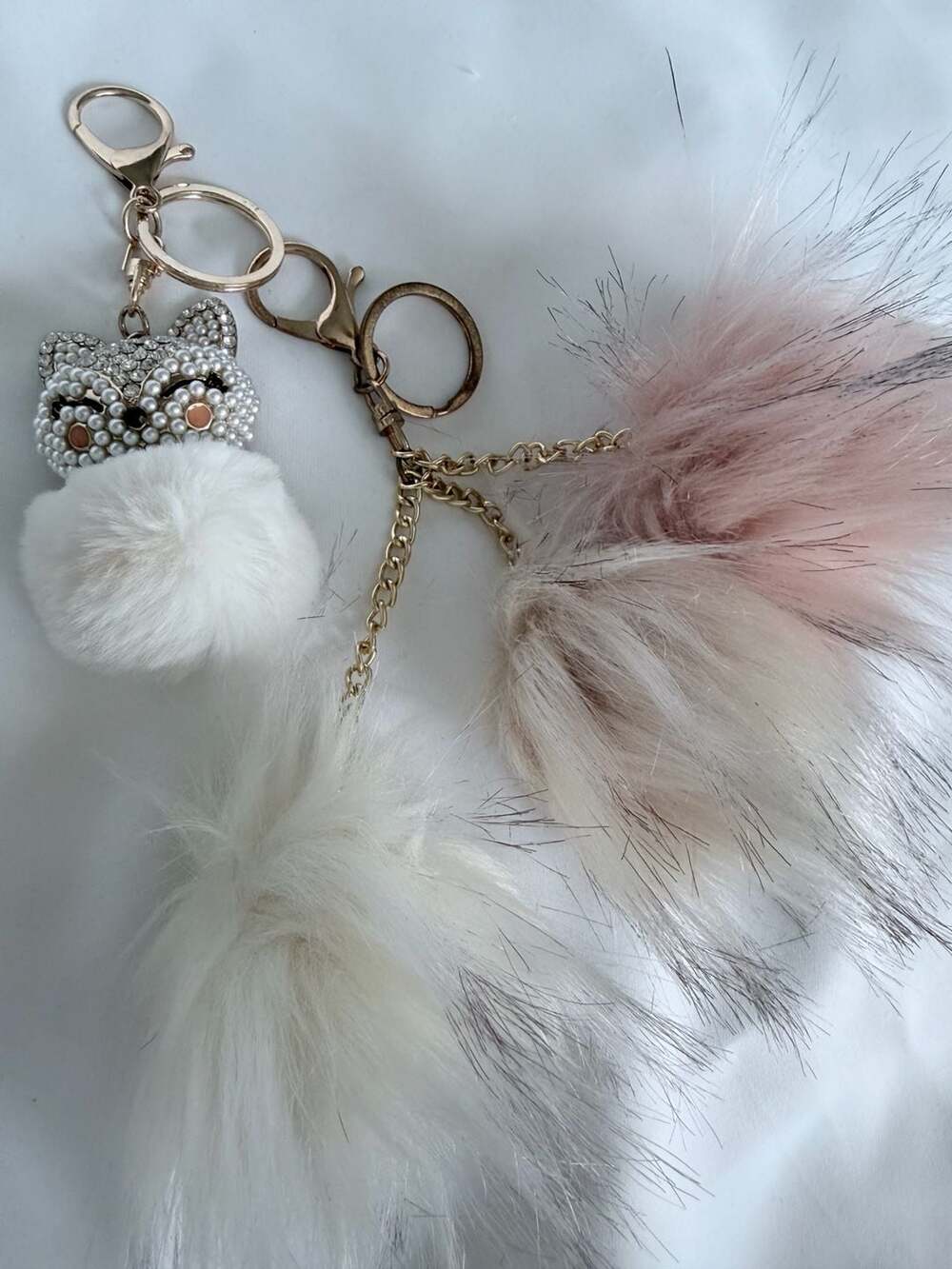 Luxury Rhinestone Pearl Fox Head Pom Pom Keychain Fashion Cute Faux Fur Ball Key
